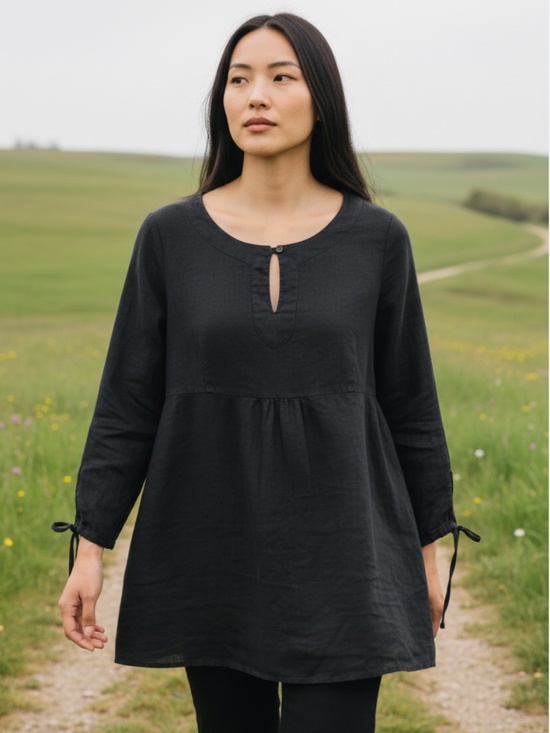Hot Cotton Tops - Hot Cotton Sz Medium Top Tunic Shirt Blouse 100% LINEN Black Lagenlook Flowy